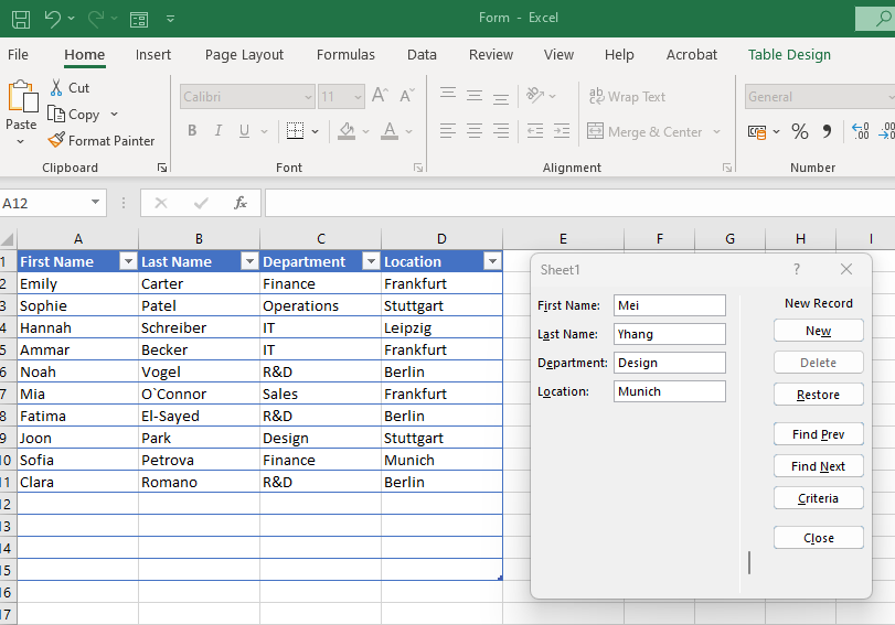 Excel Form