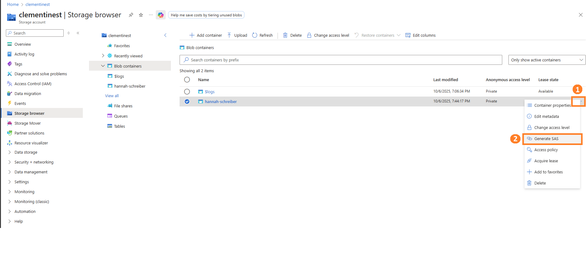 Azure portal screenshot showing the Storage browser for the 'clementinest' storage account. The selected 'hannah-schreiber' blob container has its options menu open, with the 'Generate SAS' action highlighted, indicating how to start creating a Shared Access Signature for secure access control.