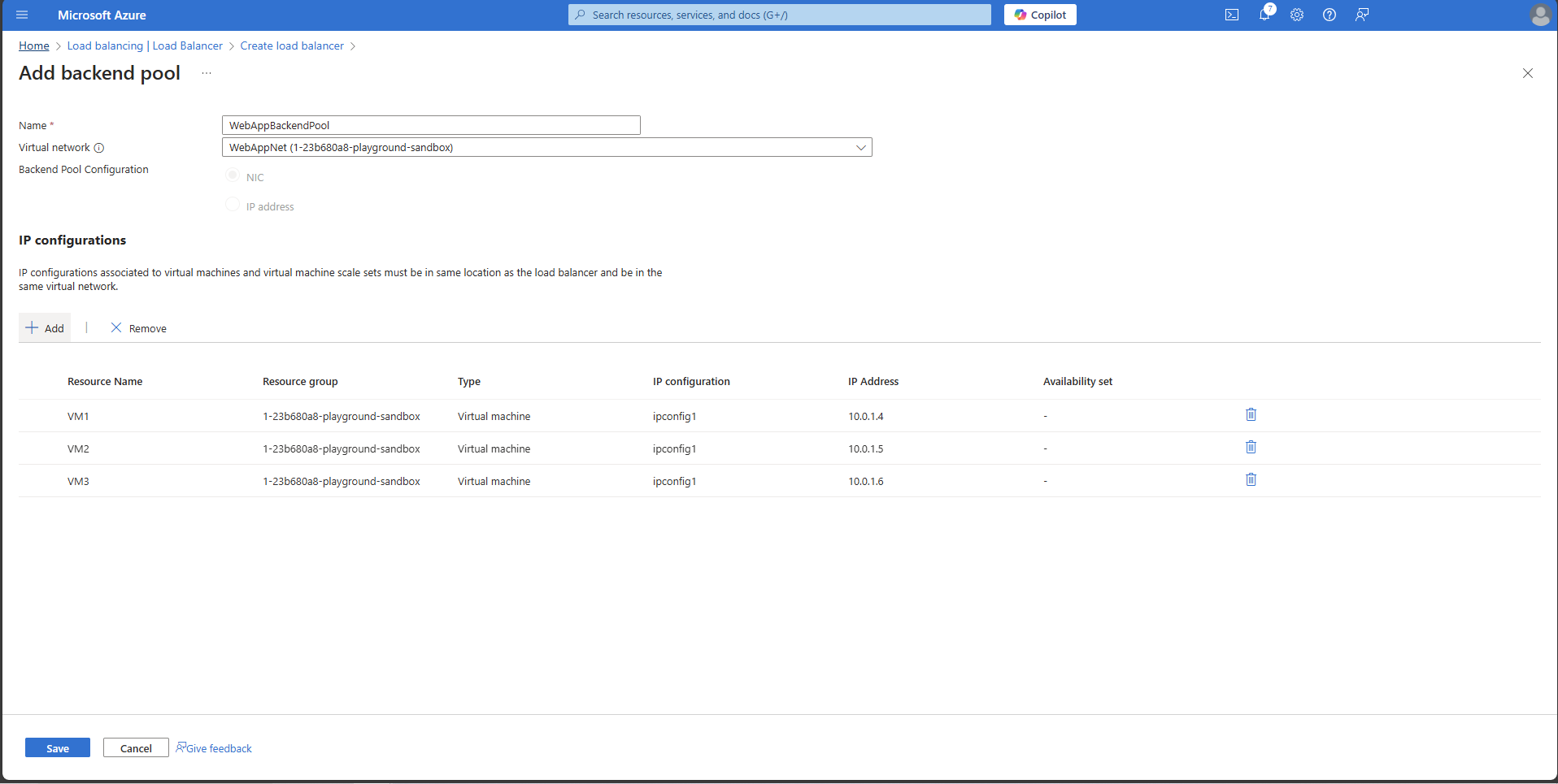 Azure Load Balancer backend pool configuration showing NIC-based setup across three virtual machines with IP addresses 10.0.1.4, 10.0.1.5, and 10.0.1.6 in a single subnet.