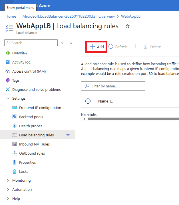 Azure Load Balancer interface showing load balancing rules configuration page with no existing rules, and options to add, refresh, or delete rules.